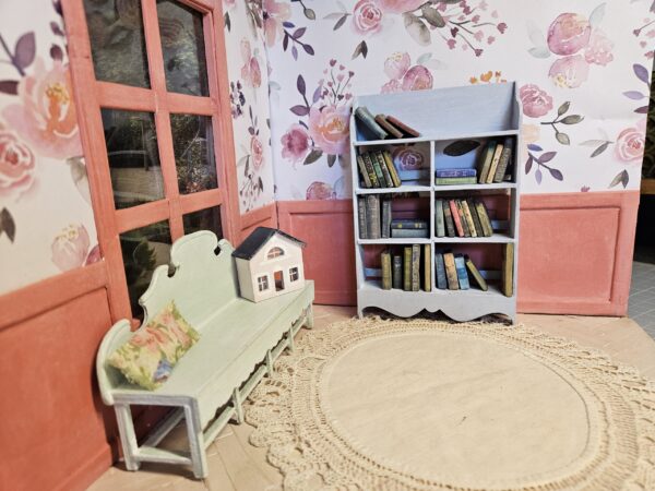 Josie bookcase in a room, with the Janice bench and Dolly's Dollhouse Miniature, 12th scale, antique