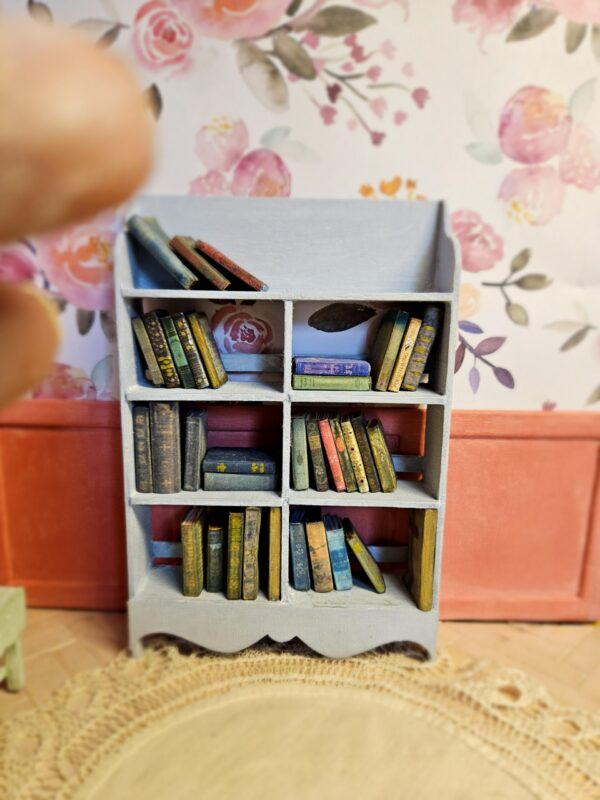 French 12th scale miniature bookcase Josie full of books from the antique book kit