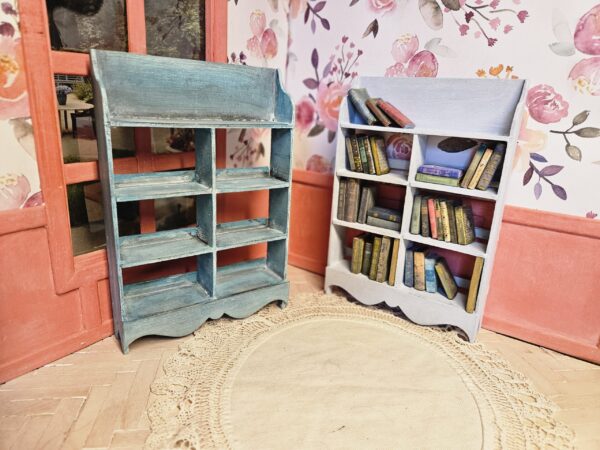 French 12th scale miniature bookcase Josie full of books from the antique book kit next to a Josie bookcase that is empty