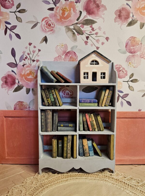 French 12th scale miniature bookcase Josie full of books from the antique book kit and Dolly's Dollhouse