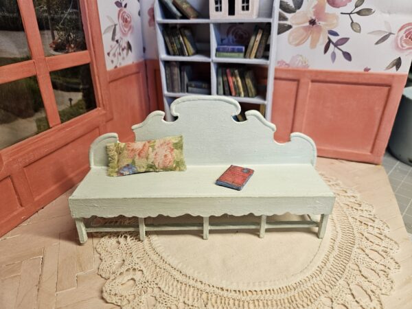 Ornate shabby chic miniature bench "Janice", with a pillow, and an antique miniature book, 12th scale