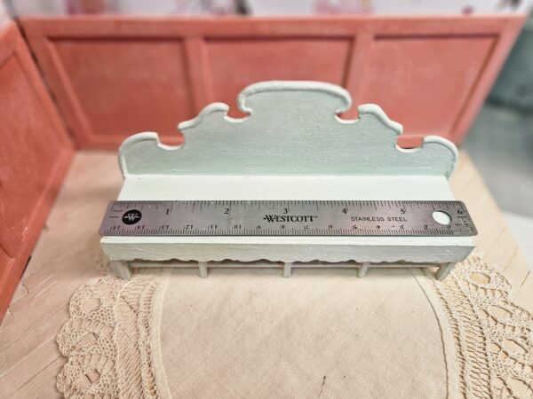 Ornate shabby chic miniature bench "Janice", 12th scale being measured with a stainless steel ruler