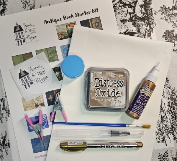 Everything included in the kit (glue, distress oxide ink pad, paint brush, watercolor paint brush, gold pen, clips)